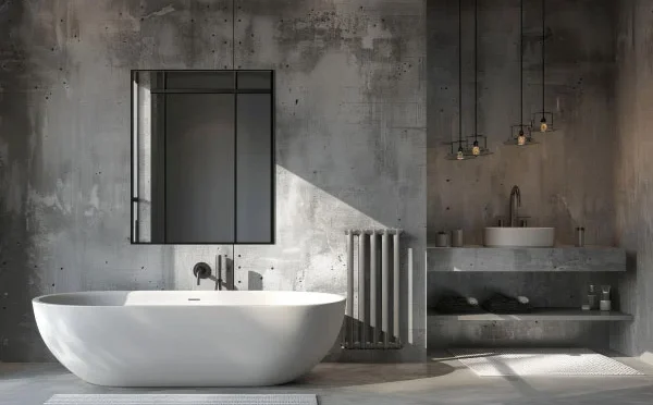 Industrial style bathroom with oval bathtub, concrete walls and vanities, and large mirror | 7 Trendy Bathroom Design Ideas For Modern NYC Homes | DCON Renovations New York - Brooklyn | Remodeling - Architectural Design - Residential Contractor - Brownstoner Experts