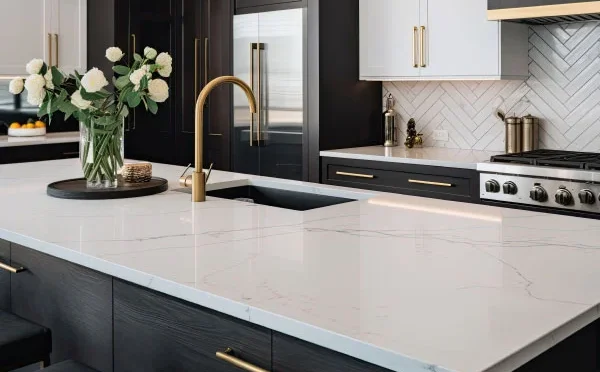 Beautiful kitchen with white granite countertop and black cabinetry | Open vs. Closed Kitchen: Which Layout Is Right for Your NYC Apartment? | DCON Renovations New York - Brooklyn | Remodeling - Architectural Design - Residential Contractor - Brownstoner Experts