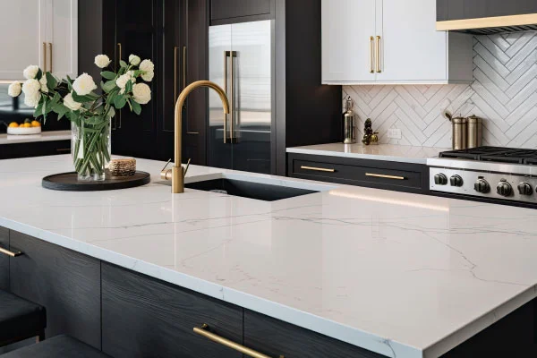 Beautiful kitchen with white granite countertop and black cabinetry | Open vs. Closed Kitchen: Which Layout Is Right for Your NYC Apartment? | DCON Renovations New York - Brooklyn | Remodeling - Architectural Design - Residential Contractor - Brownstoner Experts