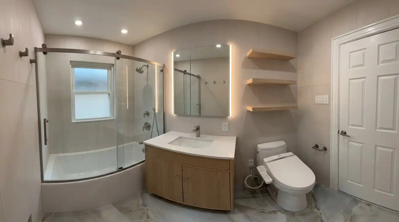 This modern bathroom remodel incorporated high-end finishes and thoughtful design choices to create a sleek and functional space. The project involved the installation of a new lighted medicine cabinet, a custom tub/shower, frame-out built-in shelving, and a japanese smart toilet, making the bathroom both elegant and highly practical | Batroom Remodel | East 21 Street, Brooklyn NY | DCON Renovations New York - Brooklyn | Remodeling - Architectural Design - Residential Contractor - Brownstoner Experts